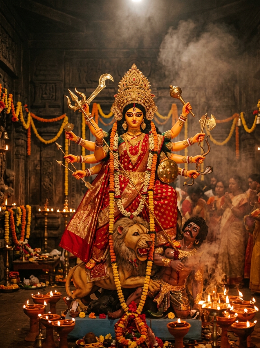 Full portrait of Mahishasuramardini Goddess Durga idol in crimson Banarasi silk saree with brass trishul and glowing terracotta diyas