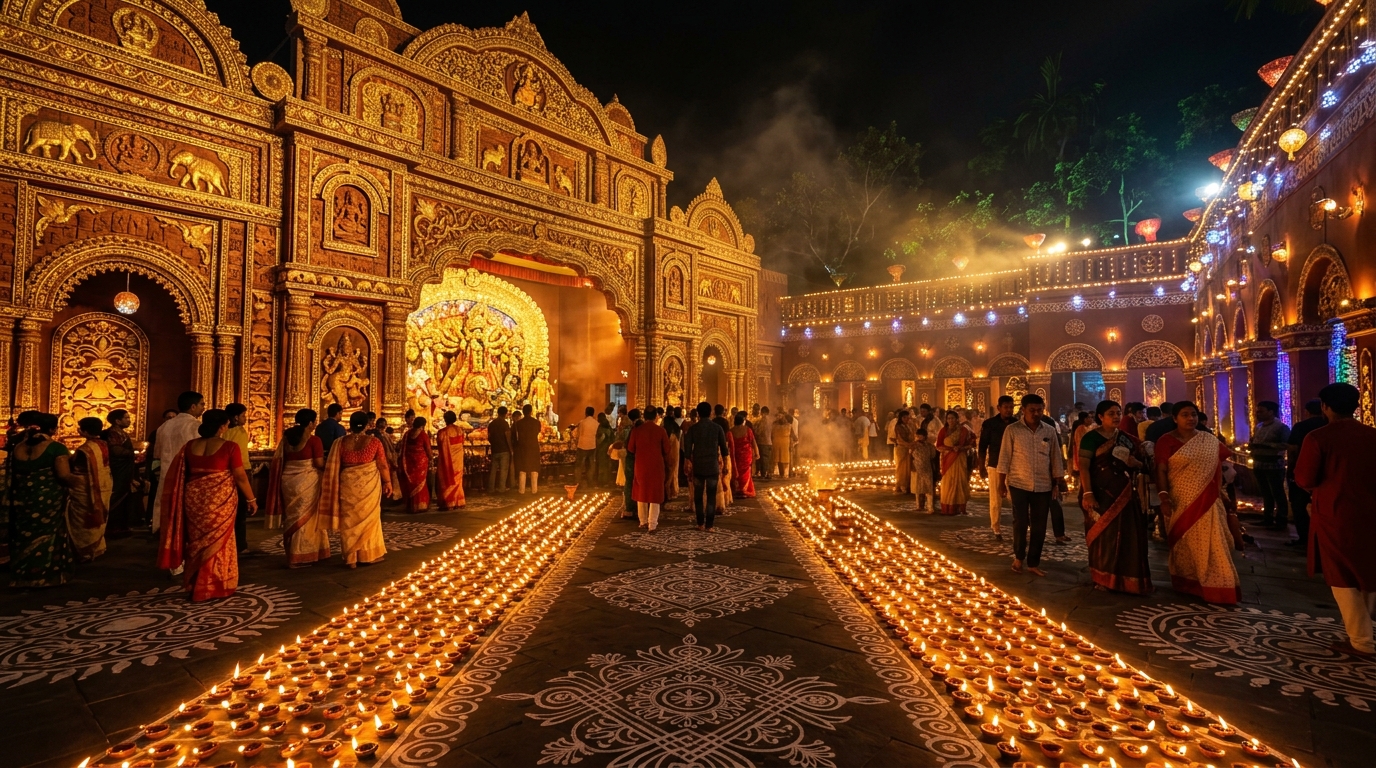 Durga Puja pandal courtyard at night with alpona floor art and hundreds of lit diyas