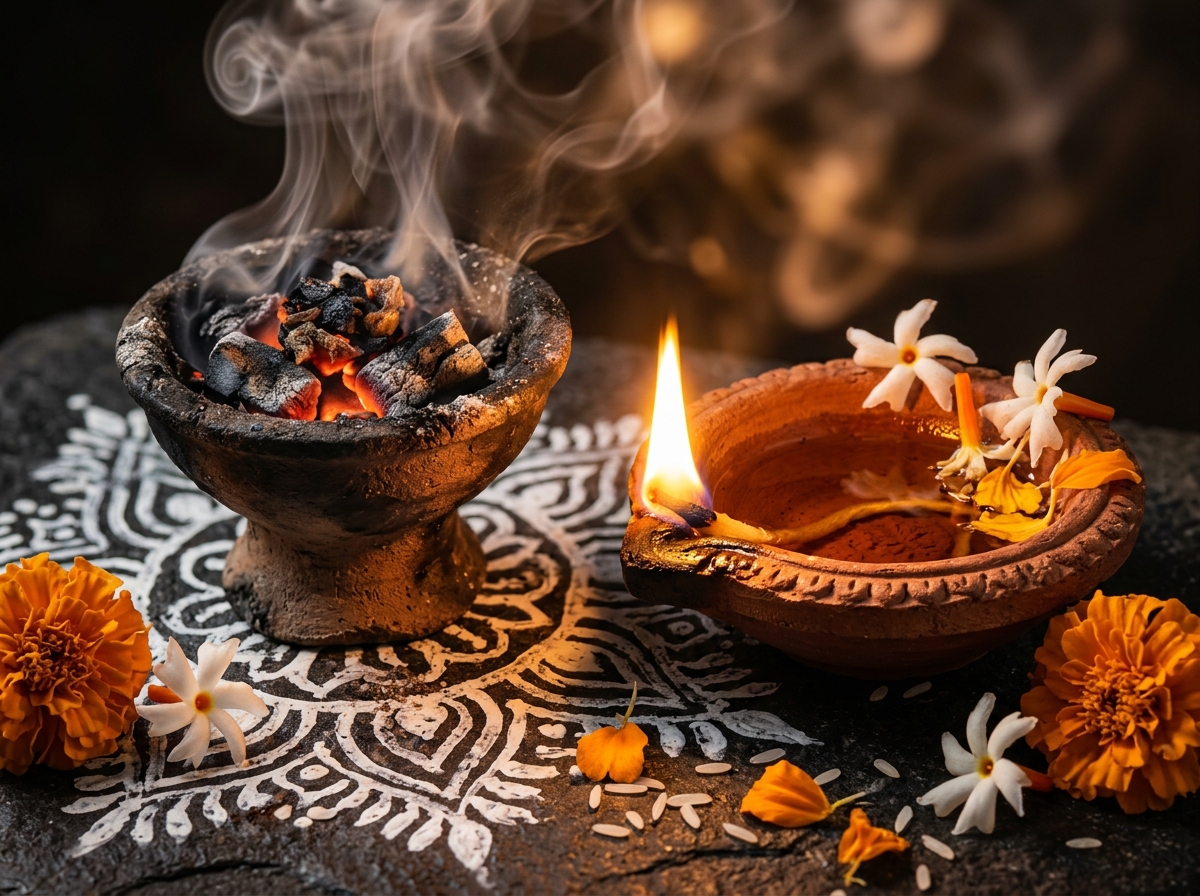 Close up of smoking earthen dhunuchi burner and lit clay diya with shiuli flowers