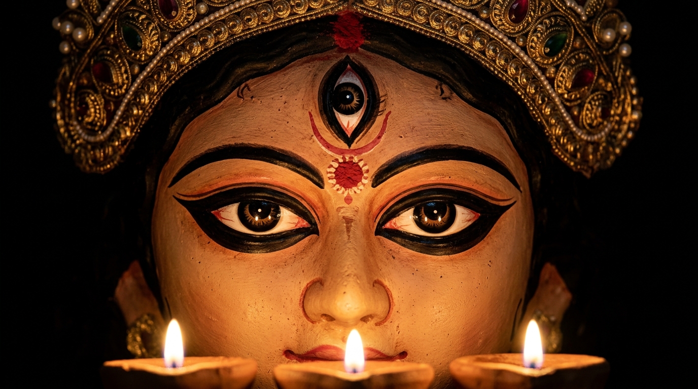 Macro close-up of Goddess Durga Maa's three divine eyes (Trinayani) with 24k gold filigree crown and flickering earthen diyas
